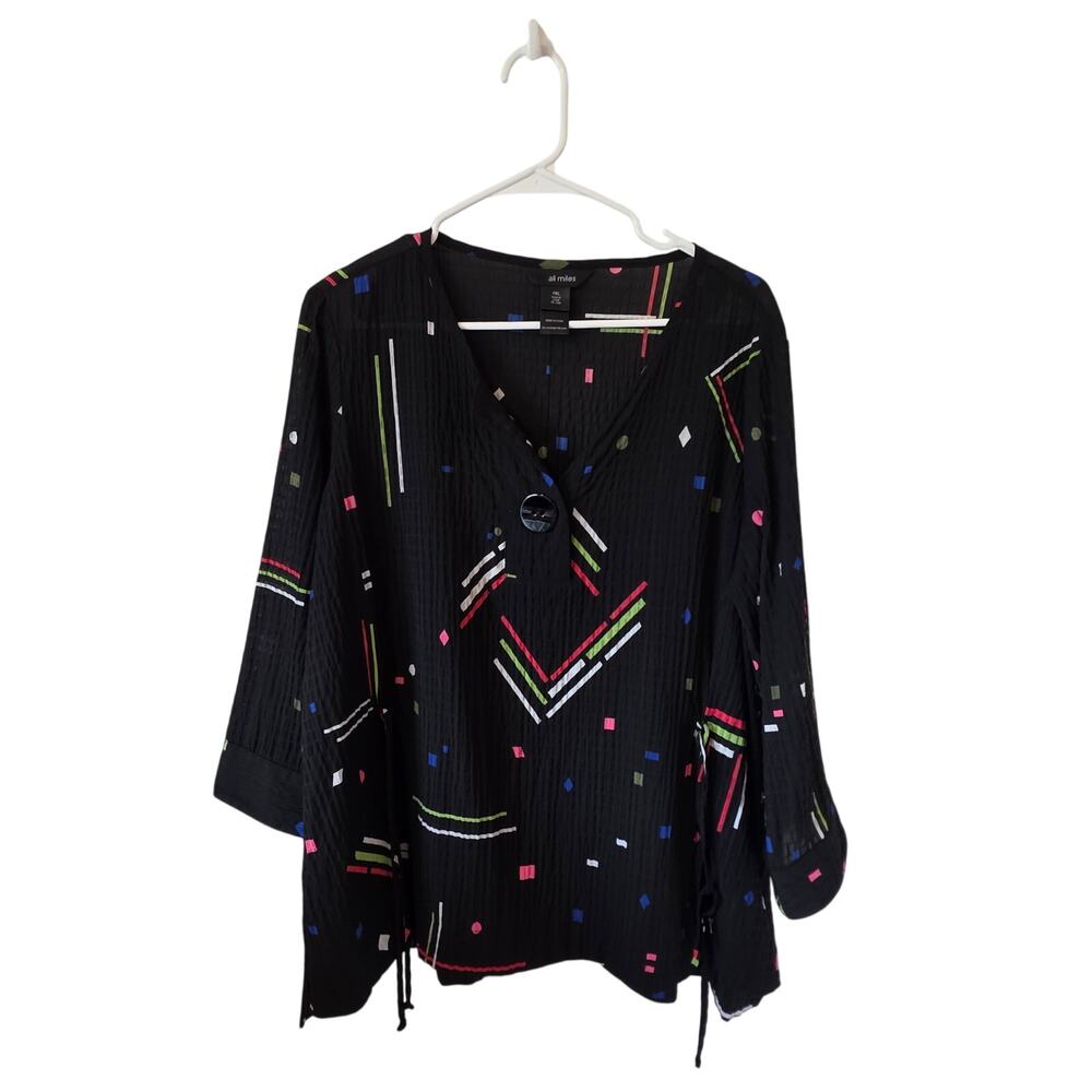 Ali Miles Womens Petite Large Geometric Popover Crinkle Blouse Top Black
